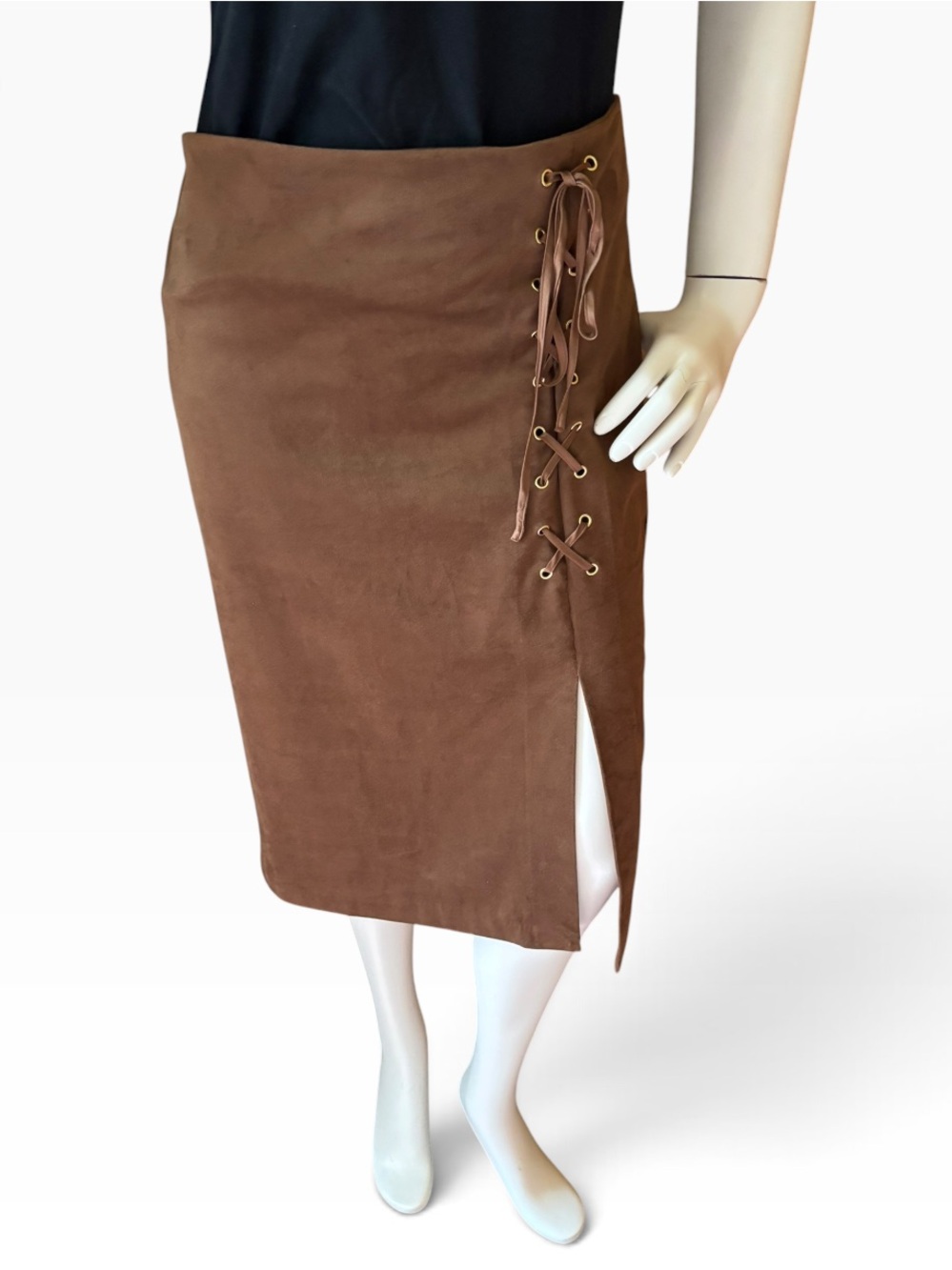 New York & Company Brown Faux Suede Lace-Up Side Slit Stretch Pencil Skirt, 1